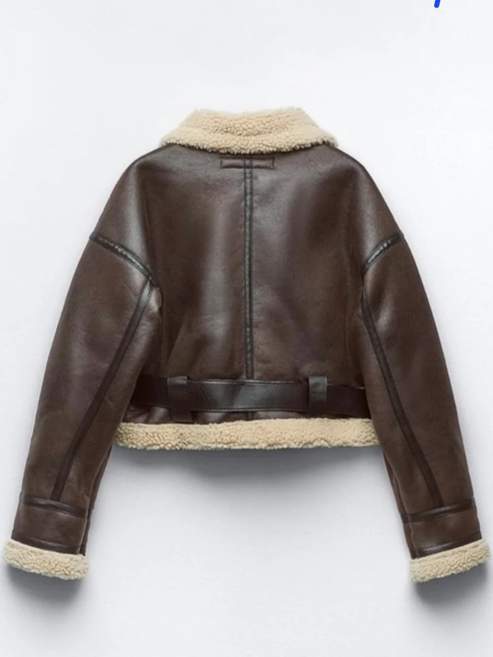 Zara Dark Brown Shearling-Trim Leather Aviator Jacket - Picture 2 of 3